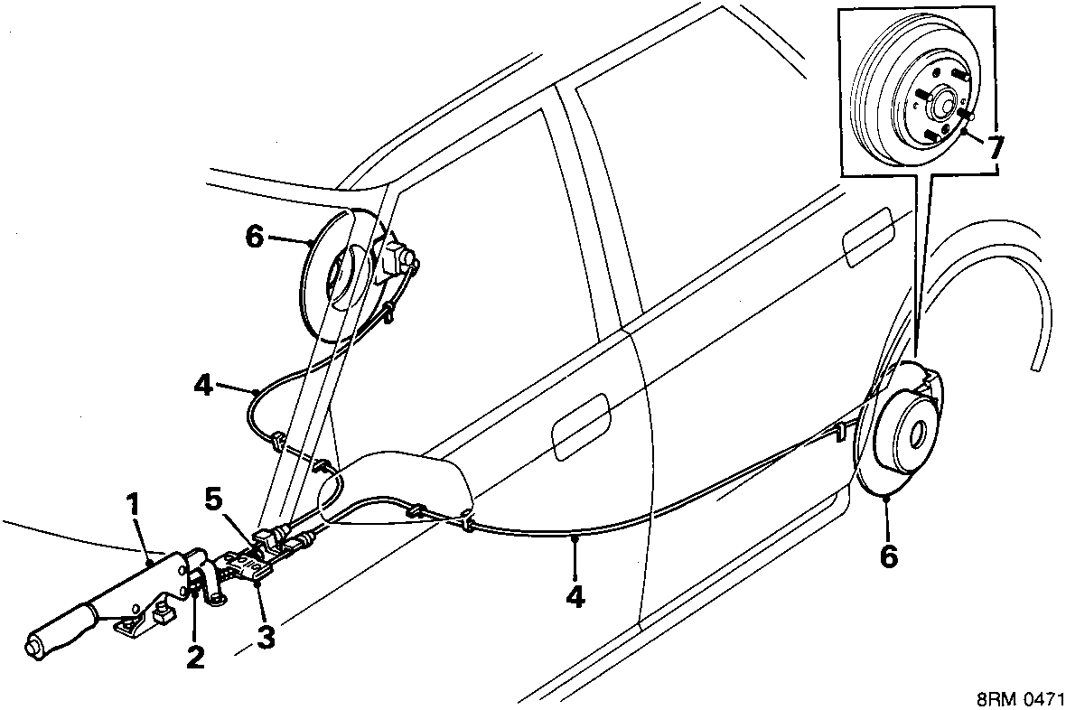 Diagram of handbrake system showing lever (1), intermediate cable (2), compensator (3), rear cables (4), adjustment nut (5), rear disc brakes (6), and rear drum brakes (7).