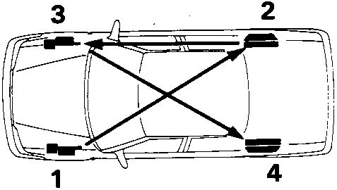 Diagram showing non-ABS brake bleeding sequence with arrows connecting wheel 1 (L.H. front) to 4 (R.H. rear), and wheel 2 (R.H. front) to 3 (L.H. rear).