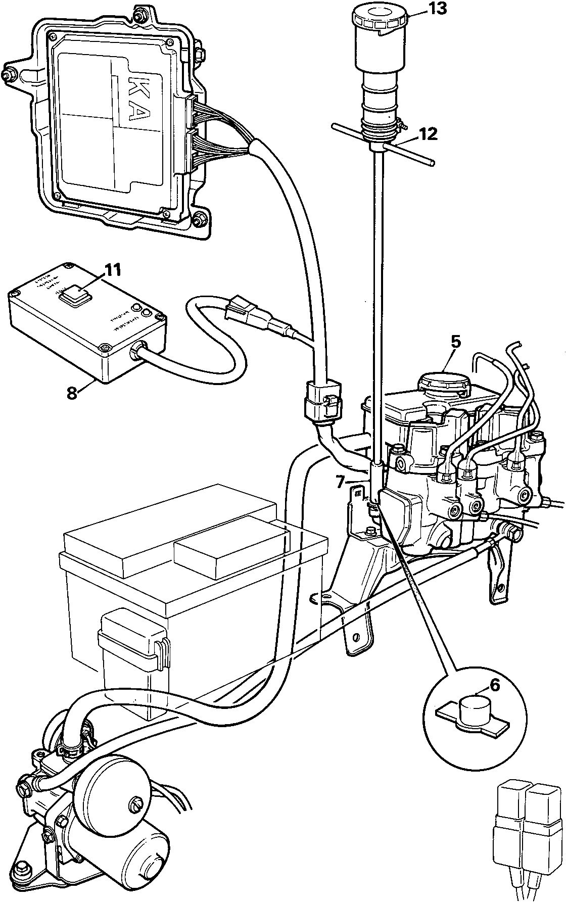 Diagram of the brake system components including a control unit, master cylinder, and associated wiring and hydraulic lines.