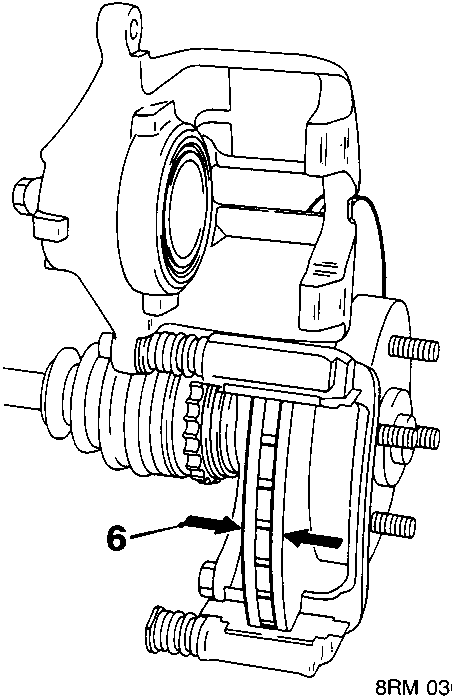 Diagram showing brake disc installed within the caliper assembly, with callout number 6 pointing to the disc surface for measurement.