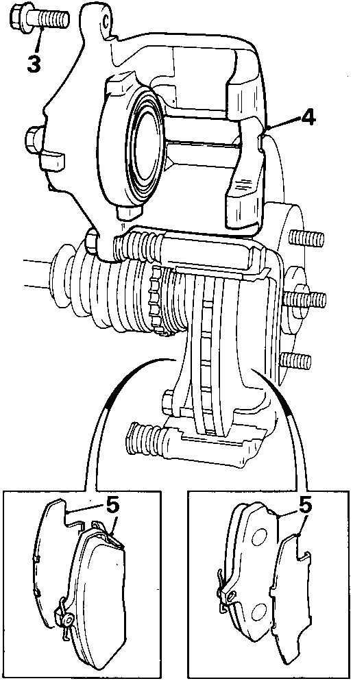 Diagram showing brake caliper assembly with callout numbers 3, 4, and 5 indicating the lower guide pin bolt, caliper pivot point, and brake pads respectively.