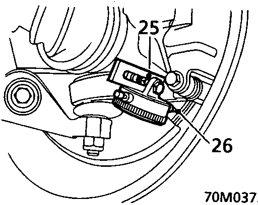 Diagram of a brake caliper assembly with callout numbers 25 and 26, labeled 70M0373