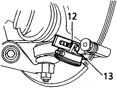 Diagram of a brake caliper assembly with callout numbers 12 and 13, labeled 70M0372