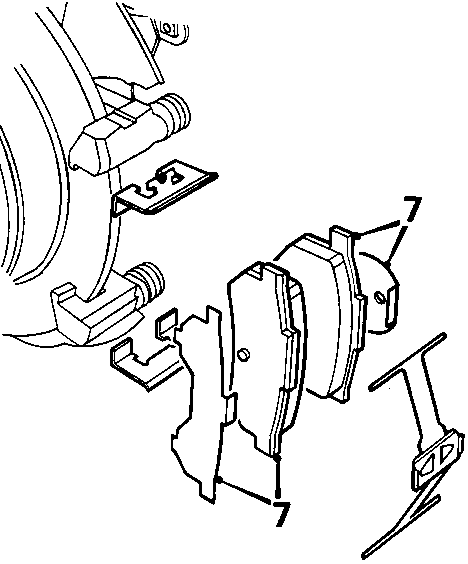 Diagram showing the removal of brake pads (7) and shims from the carrier.