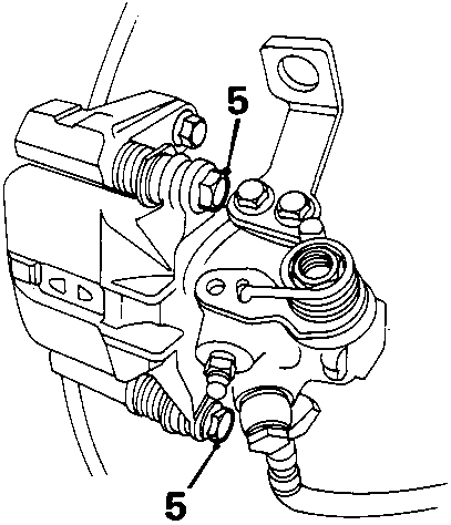 Diagram showing bolts (5) securing the brake caliper housing to the carrier.