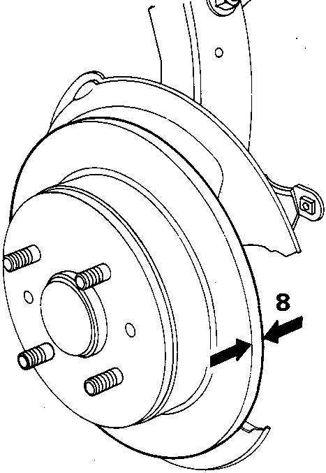 Diagram of a brake disc assembly with callout number 8 indicating the measurement point on the disc edge.