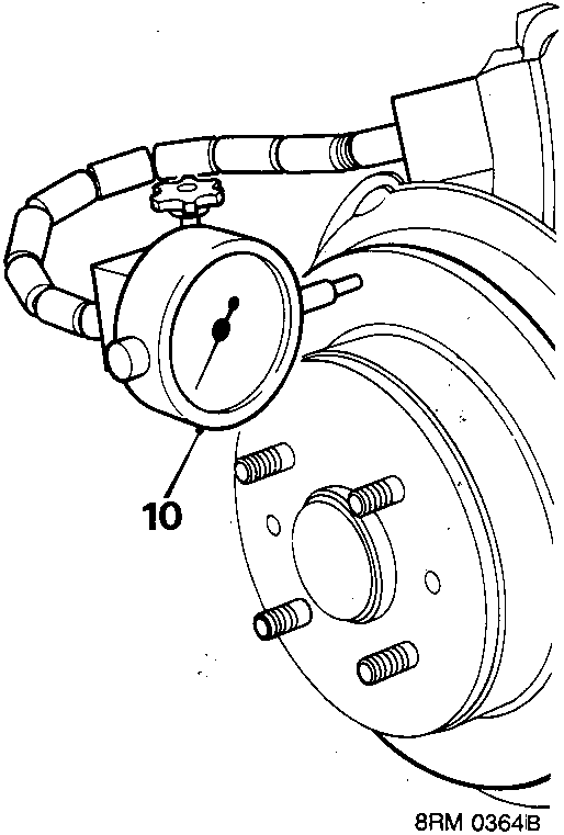 Diagram showing a dial test indicator (callout 10) measuring the run-out of a brake disc.