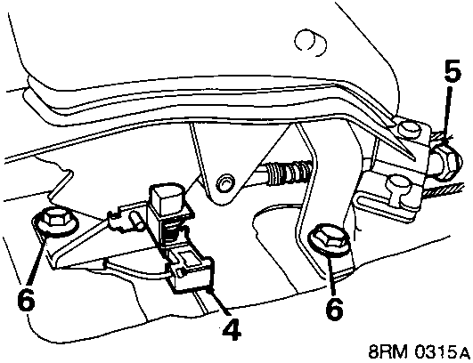 Diagram showing the handbrake quadrant, warning switch, cable adjusting nut, and rubber gaiter with callout numbers 4, 5, and 6