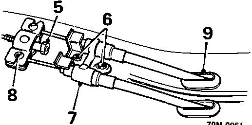 Diagram showing the handbrake cable assembly including adjusting nut, retaining plate, compensating plate, grommet, and exhaust heat shield with callout numbers 5 through 9