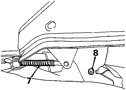 Diagram showing the spring on the adjusting rod, warning switch screw, and warning switch with callout numbers 7 and 8
