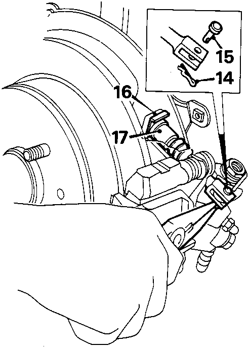 Diagram showing handbrake cable clevis pin, retaining clip, and abutment, callouts 14 through 17