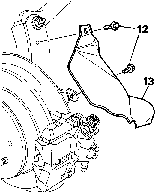 Diagram showing caliper shield secured by bolts, callouts 12 and 13