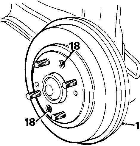 Diagram showing brake drum secured by screws, callouts 18 and 19