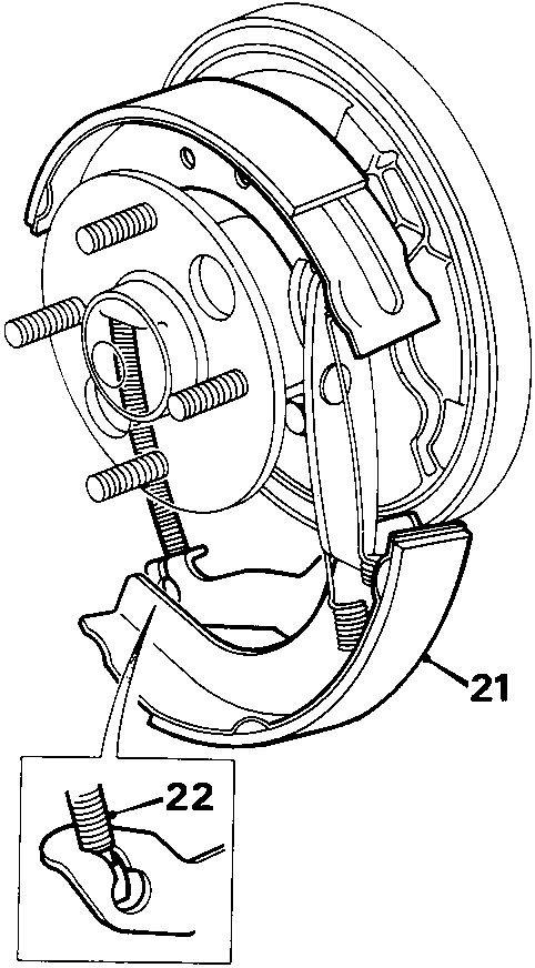 Diagram of rear brake assembly showing handbrake cable connection, release lever, and retaining plate