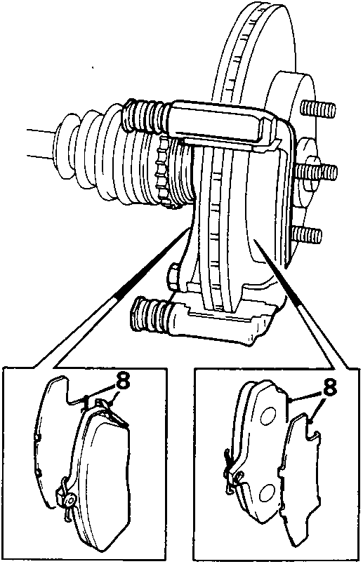 Diagram showing removal of brake pads and shims from the carrier (callout number 8).