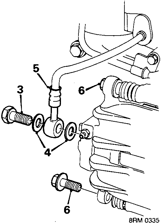 Diagram showing removal of brake hose banjo bolt, washers, and caliper guide pins (callout numbers 3, 4, 5, 6).