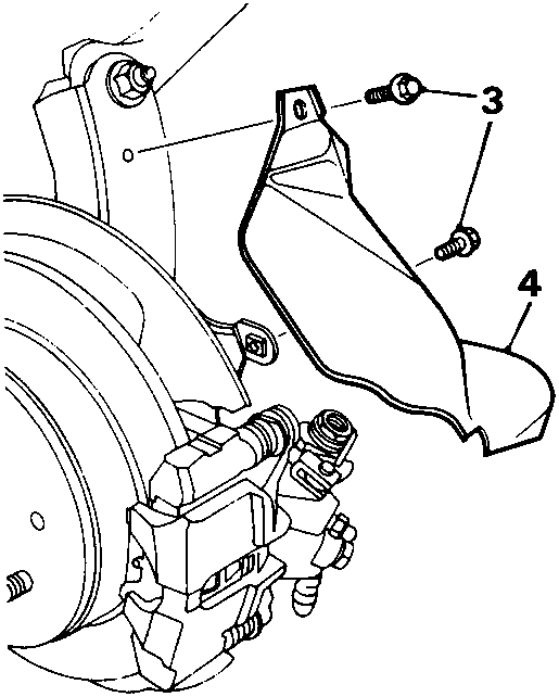 Diagram showing removal of caliper shield bolts labeled 3 and 4