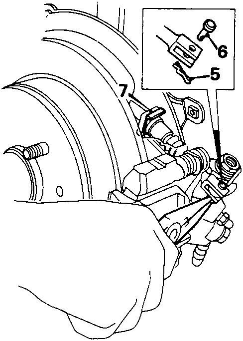 Diagram showing removal of handbrake cable clip (5), pin (6), retaining clip (7) and abutment