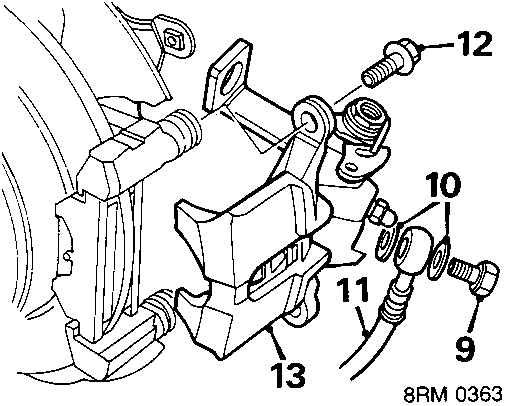 Diagram of brake caliper housing, carrier, hose banjo bolt, and securing bolts with callout numbers 9, 10, 11, 12, 13