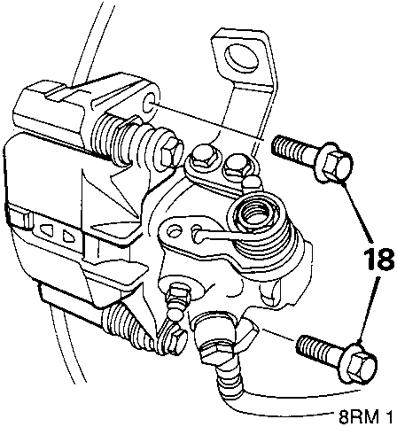 Diagram of brake caliper carrier secured to suspension hub with callout number 18
