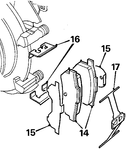 Exploded diagram of brake pads, shims, retainers, and pad spring with callout numbers 14, 15, 16, 17