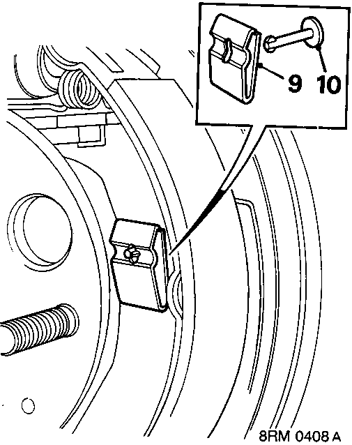 Diagram showing the inside of the brake assembly with brake shoe retaining pin springs labeled 9 and retaining pins labeled 10.