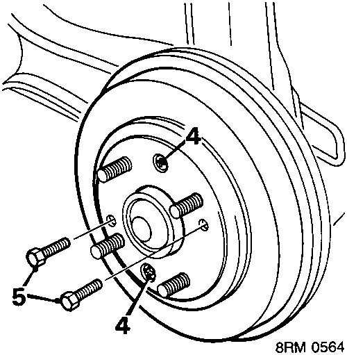 Diagram showing brake drum with two screws labeled 4 and jacking screw labeled 5 securing it to the hub.