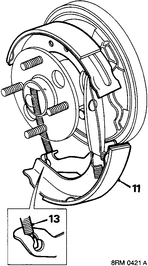 Diagram showing brake shoes released from the wheel cylinder and abutment, with the lower return spring labeled 13 being removed.