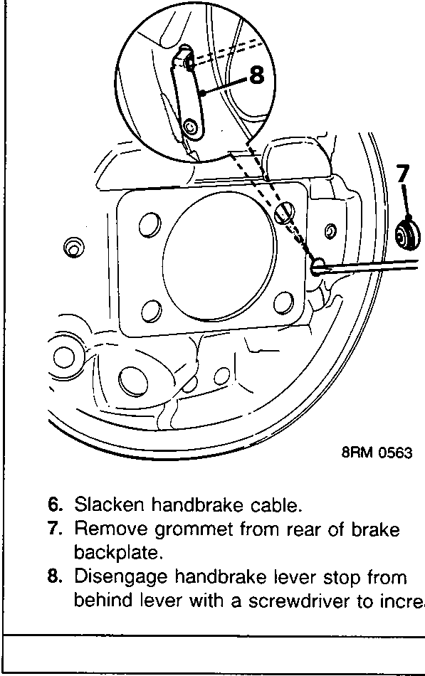 Diagram showing the rear of the brake backplate with a grommet labeled 7 and a handbrake lever stop labeled 8 being disengaged.