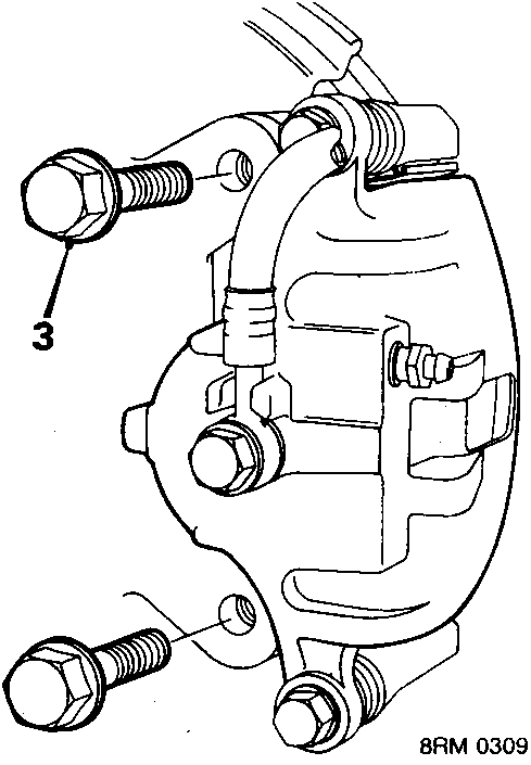 Diagram of front brake caliper and suspension hub showing two bolts labeled 3