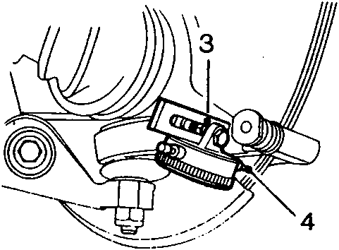 Diagram of dial test indicator probe positioned against brake disc edge, with caliper mounting points labeled 3 and 4
