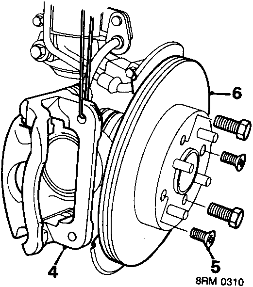 Diagram of front brake disc and drive flange showing screws labeled 4 and 5, and caliper labeled 6