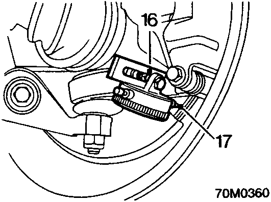 Diagram of a dial test indicator probe positioned against a brake disc caliper assembly, with callout numbers 16 and 17.