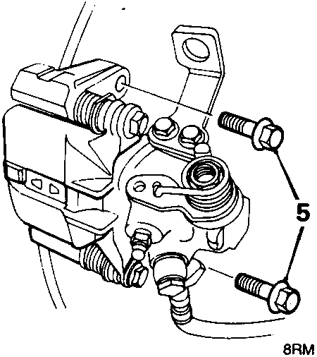 Diagram showing the rear brake caliper attached to the stub axle, with callout number 5 pointing to the two bolts securing it.
