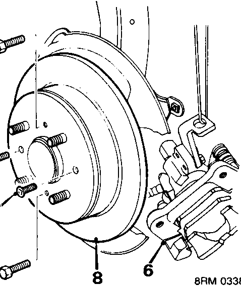 Diagram of brake caliper, disc, and hub assembly with callout numbers 6, 7, and 8
