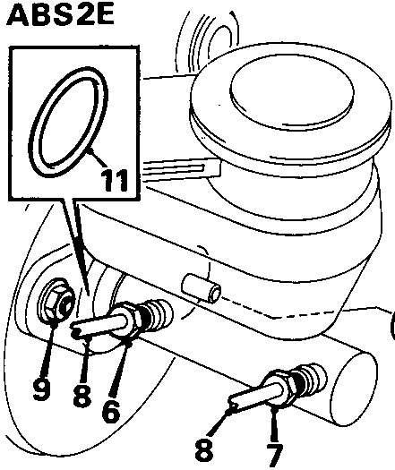Diagram showing master cylinder and servo assembly for ABS2E models with callout numbers 6, 7, 8, 9, 11