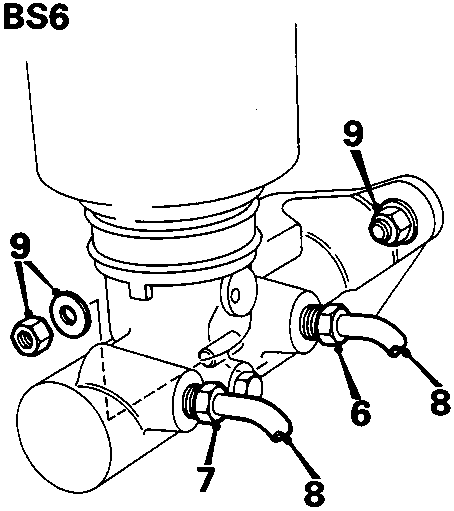 Diagram showing master cylinder and servo assembly for ABS6 models with callout numbers 6, 7, 8, 9