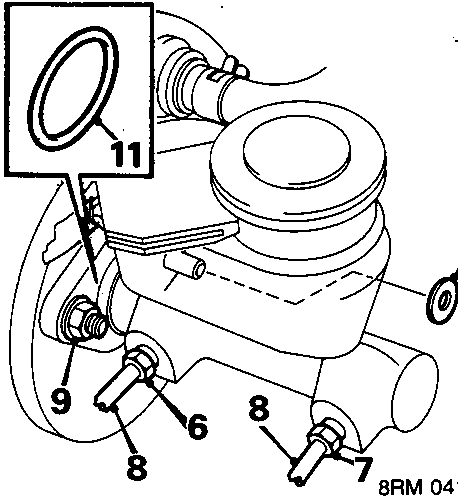 Diagram showing master cylinder and servo assembly with callout numbers 6, 7, 8, 9, 11
