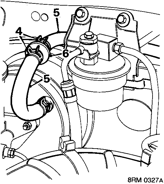 Diagram showing the release of clips securing hoses to the non-return valve, release of hoses from the non-return valve, and removal of the non-return valve, labeled with callout numbers 4, 5, and 6