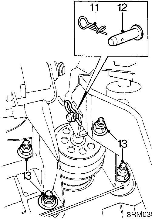 Diagram showing servo push rod clevis pin, 'R' clip, and nuts securing servo to pedal bracket