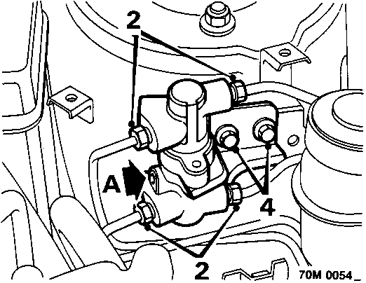 Diagram of twin pressure conscious reducing valve on 1.4 model showing callout numbers 2 and 4 and plug A