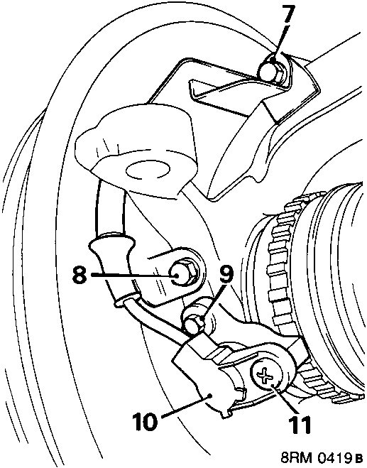 Diagram showing removal of bolts from sensor lead brackets, sensor harness bracket, sensor adapter and screw securing sensor to adapter with callout numbers 7, 8, 9, 10, 11