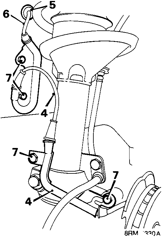 Diagram showing release of sensor lead from harness, grommet and wing valance with callout numbers 4, 5, 6, 7