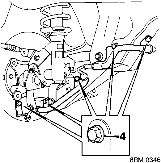 Diagram showing the rear suspension area with callout number 4 indicating the sensor lead brackets attached to the body, lower arm and suspension hub.
