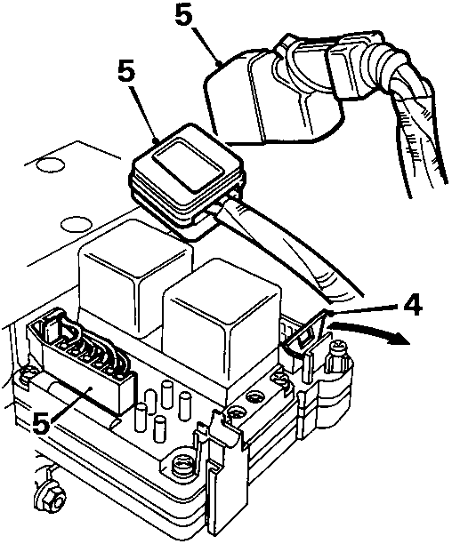 Diagram showing release of metal clip from multiplug and disconnecting 3 multiplugs from ECU