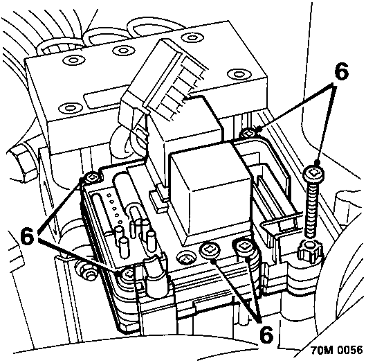 Diagram showing removal of TX20 Torx screws securing ECU to hydraulic modulator