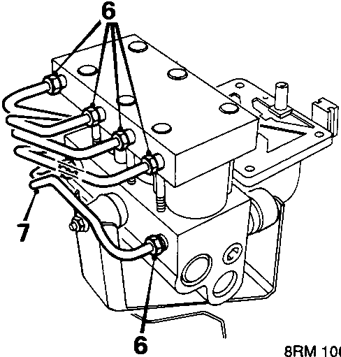 Diagram showing hydraulic modulator with multiple brake pipes connected. Callout number 6 points to pipe unions and callout number 7 points to a pipe. Figure code 8RM 1059A.