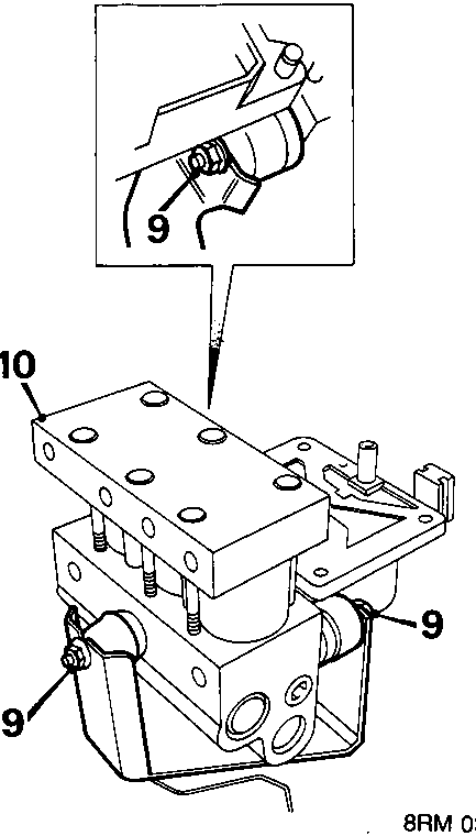 Diagram of a hydraulic modulator assembly with callout numbers 9 pointing to mounting nuts and 10 pointing to the modulator body.