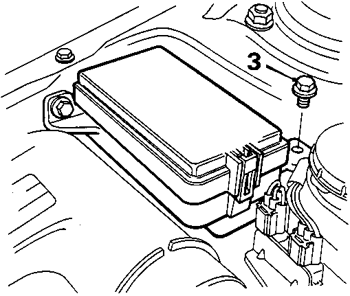 Diagram showing the under-bonnet fusebox secured by bolts, with callout number 3 pointing to a mounting bolt.