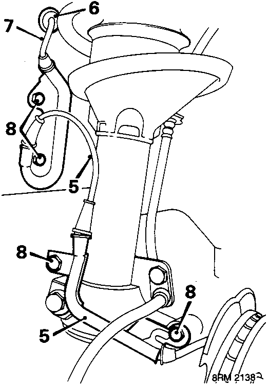 Diagram of front hub and suspension area showing sensor harness routing with callout numbers 5, 6, 7, and 8